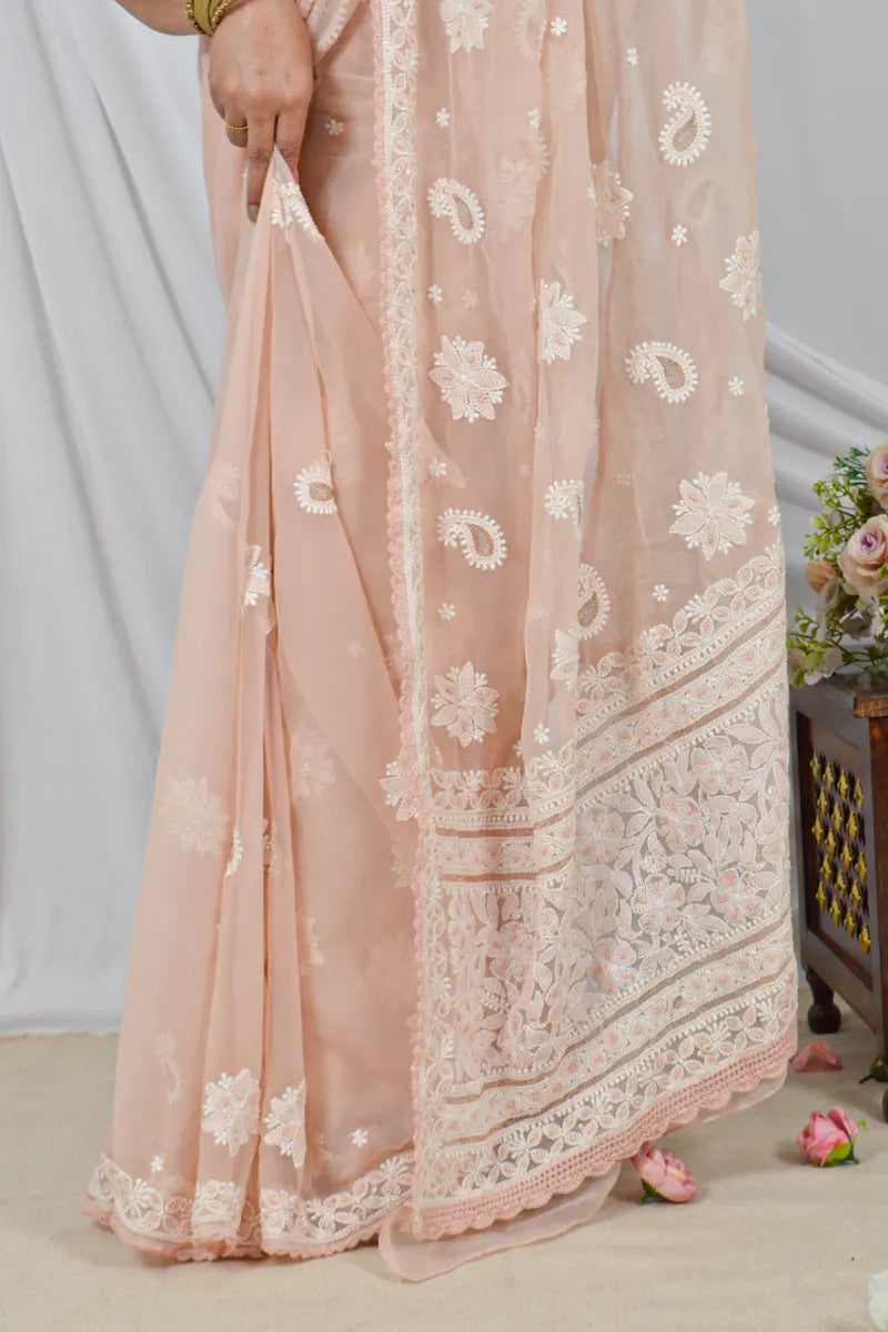 Handcrafted Light Beige Georgette Saree with intricate Lucknowi Chikankari Embroidery and a matching Blouse, ideal for Festive and occasions.