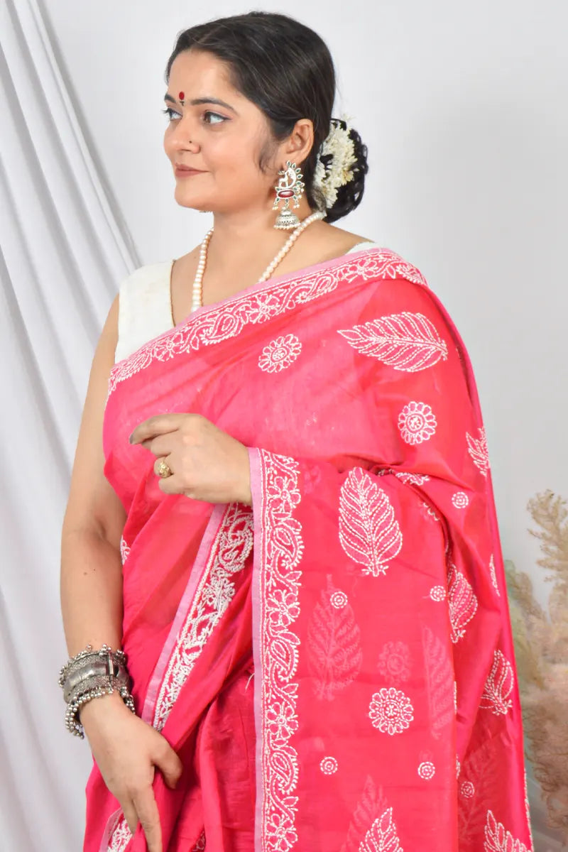 Fabnuma Handcrafted Magenta Pink Chanderi Lucknowi Chikankari Saree with Blouse Lucknowi Chikankari