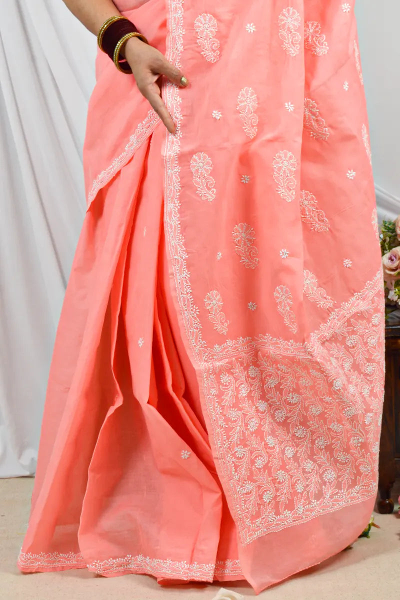 Handcrafted Orange Cotton Saree with intricate Lucknowi Chikankari Embroidery and a matching Blouse, ideal for Festive and occasions.