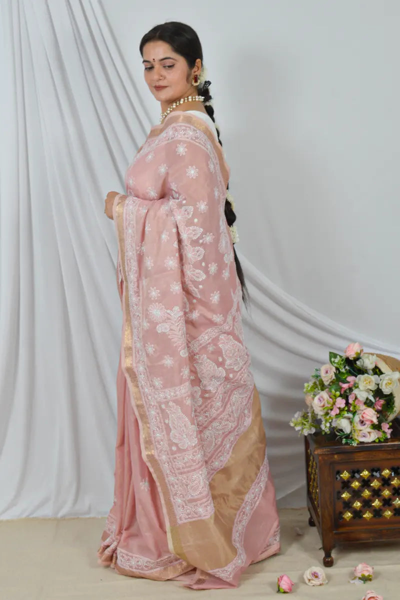 Handcrafted chanderi Saree with intricate Lucknowi Chikankari embroidery and a matching Blouse, ideal for Festive and Wedding occasions.3