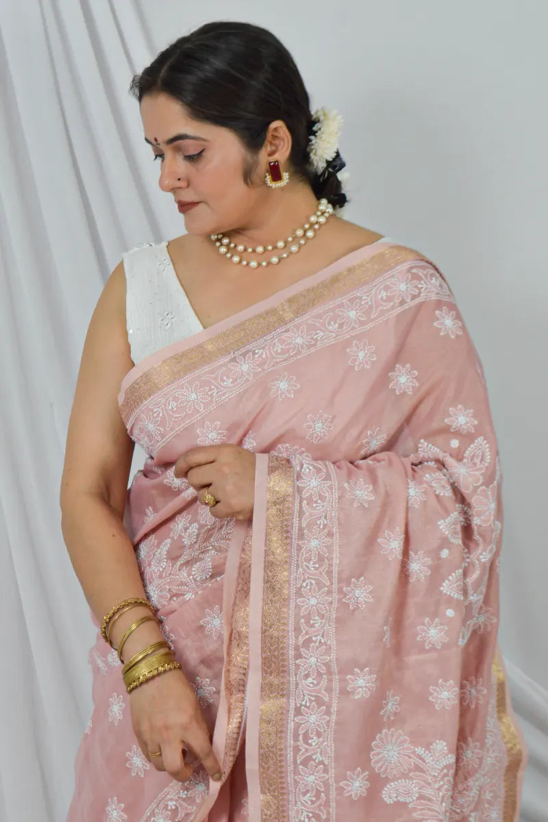 Handcrafted chanderi Saree with intricate Lucknowi Chikankari embroidery and a matching Blouse, ideal for Festive and Wedding occasions.4