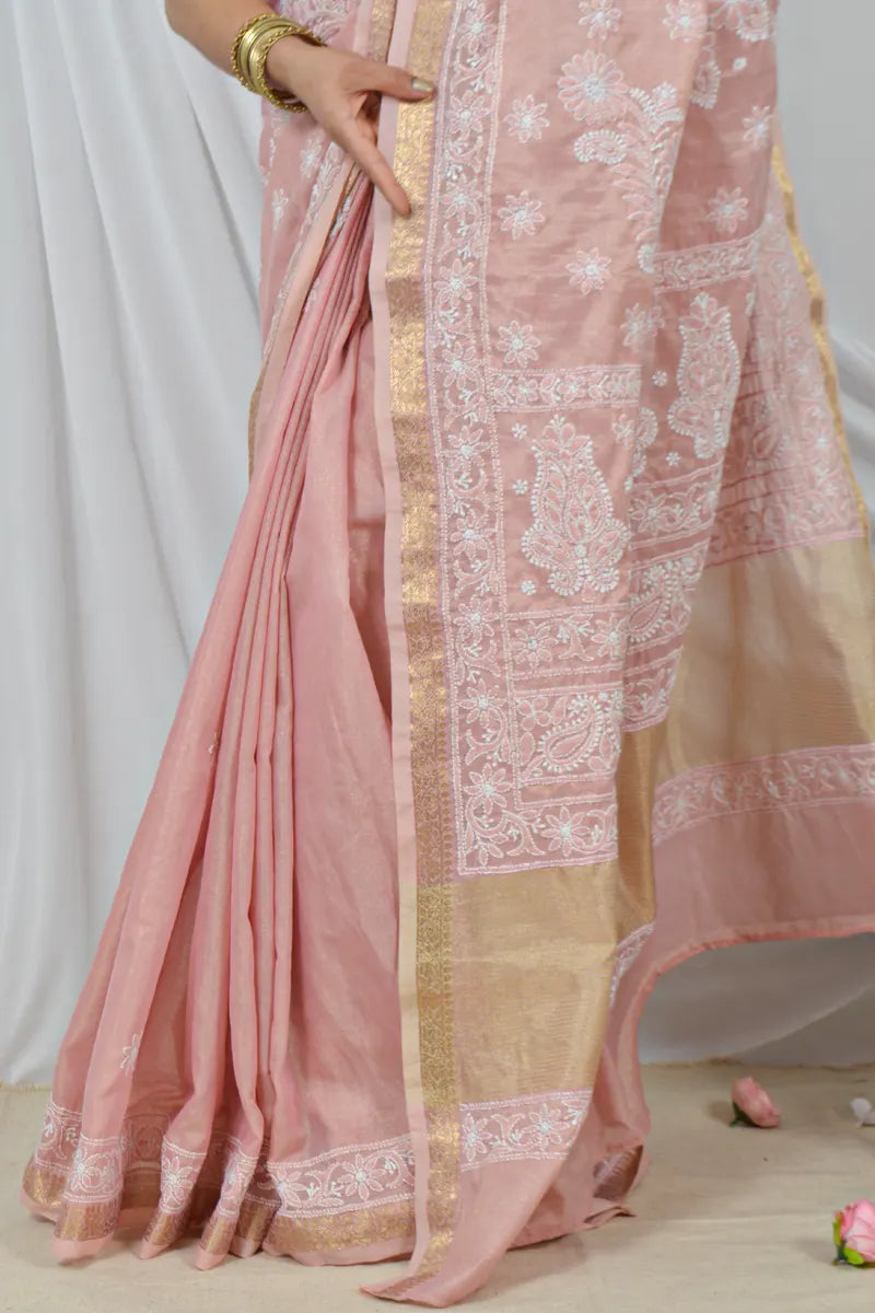 Handcrafted chanderi Saree with intricate Lucknowi Chikankari embroidery and a matching Blouse, ideal for Festive and Wedding occasions.4