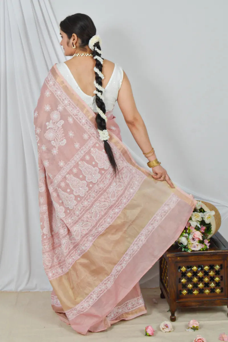 Handcrafted chanderi Saree with intricate Lucknowi Chikankari embroidery and a matching Blouse, ideal for Festive and Wedding occasions.