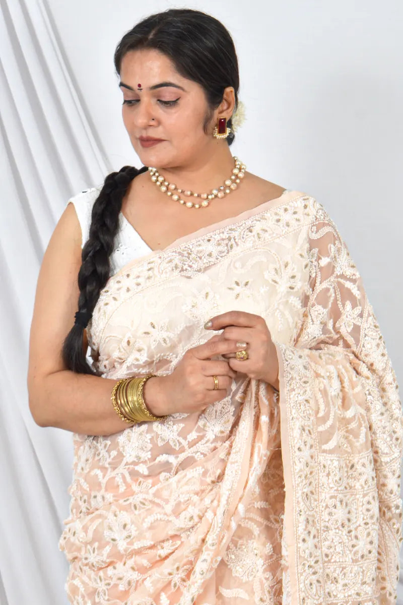 Handcrafted Georgette Saree with GotaPatti intricate Lucknowi Chikankari Embroidery and a matching Blouse, ideal for Festive and occasions.