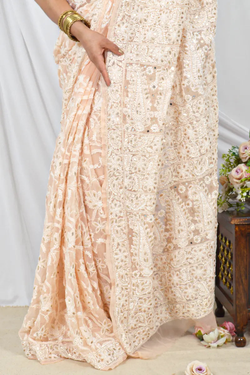 Handcrafted Georgette Saree with GotaPatti intricate Lucknowi Chikankari Embroidery and a matching Blouse, ideal for Festive and occasions.
