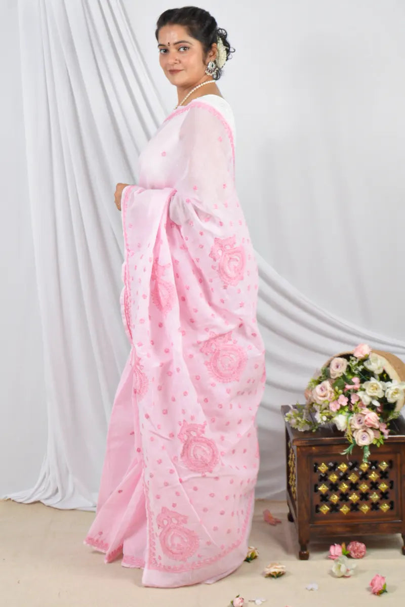Handcrafted Baby Pink Designer Cotton saree with intricate Lucknowi Chikankari embroidery and a matching blouse, ideal for festive and wedding .