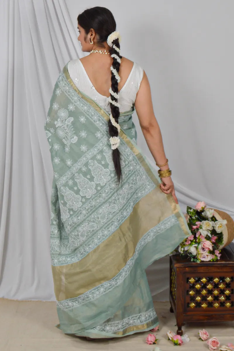 Handcrafted Pista Green chanderi Saree with intricate Lucknowi Chikankari embroidery and a matching Blouse, ideal for Festive and Wedding occasions.