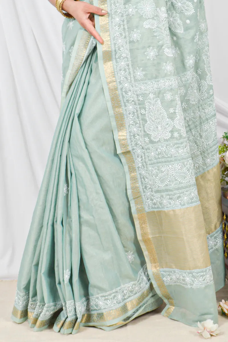 Handcrafted Pista Green chanderi Saree with intricate Lucknowi Chikankari embroidery and a matching Blouse, ideal for Festive and Wedding occasions.
