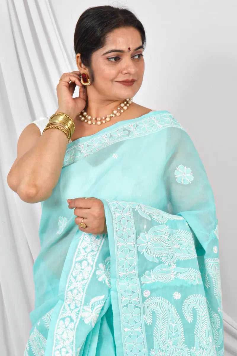 Handcrafted Sea Green Cotton Border Palla Saree with intricate Lucknowi Chikankari embroidery and a matching Blouse, ideal for Festive and occasions.