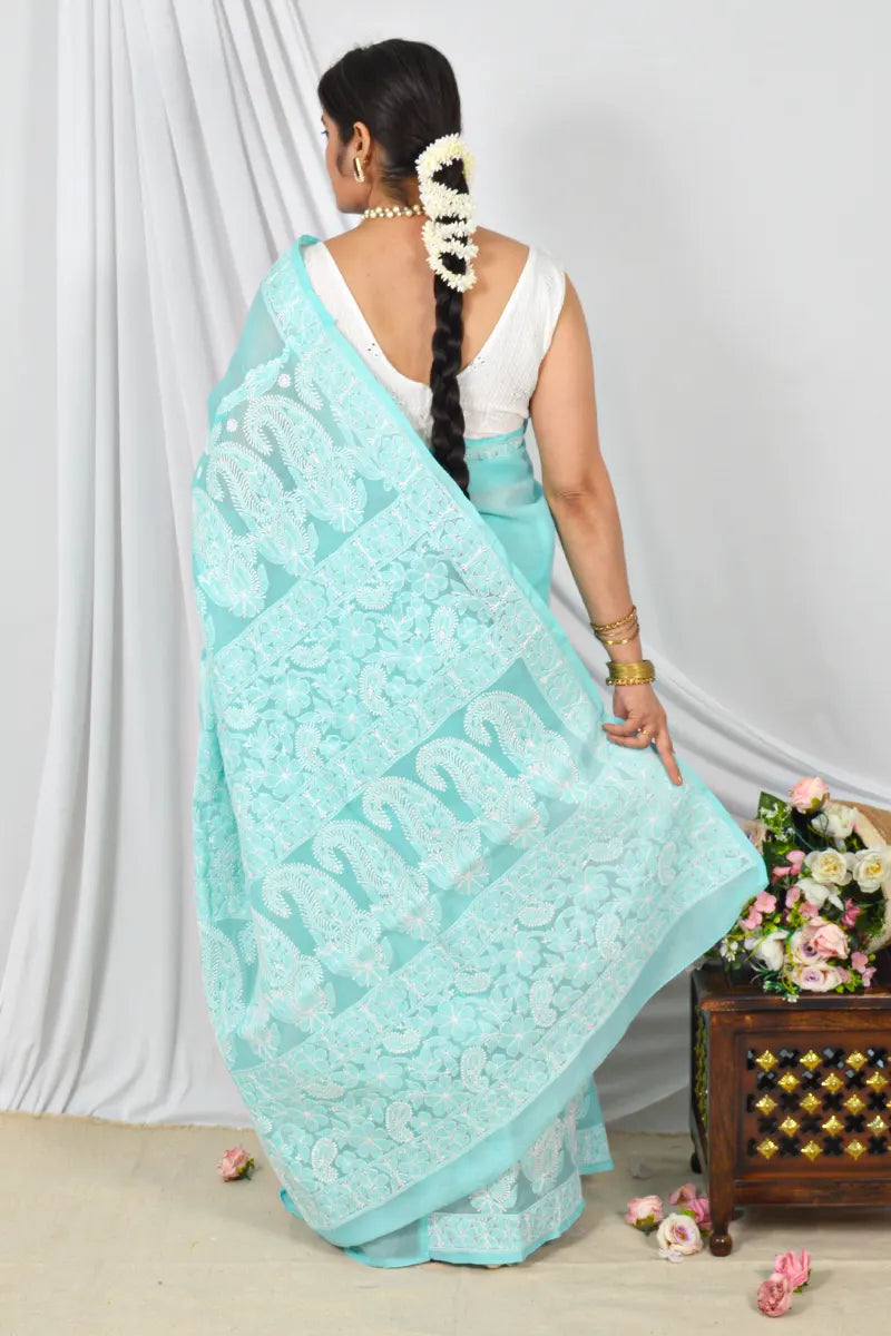 Handcrafted Sea Green Cotton Border Palla Saree with intricate Lucknowi Chikankari embroidery and a matching Blouse, ideal for Festive and occasions.