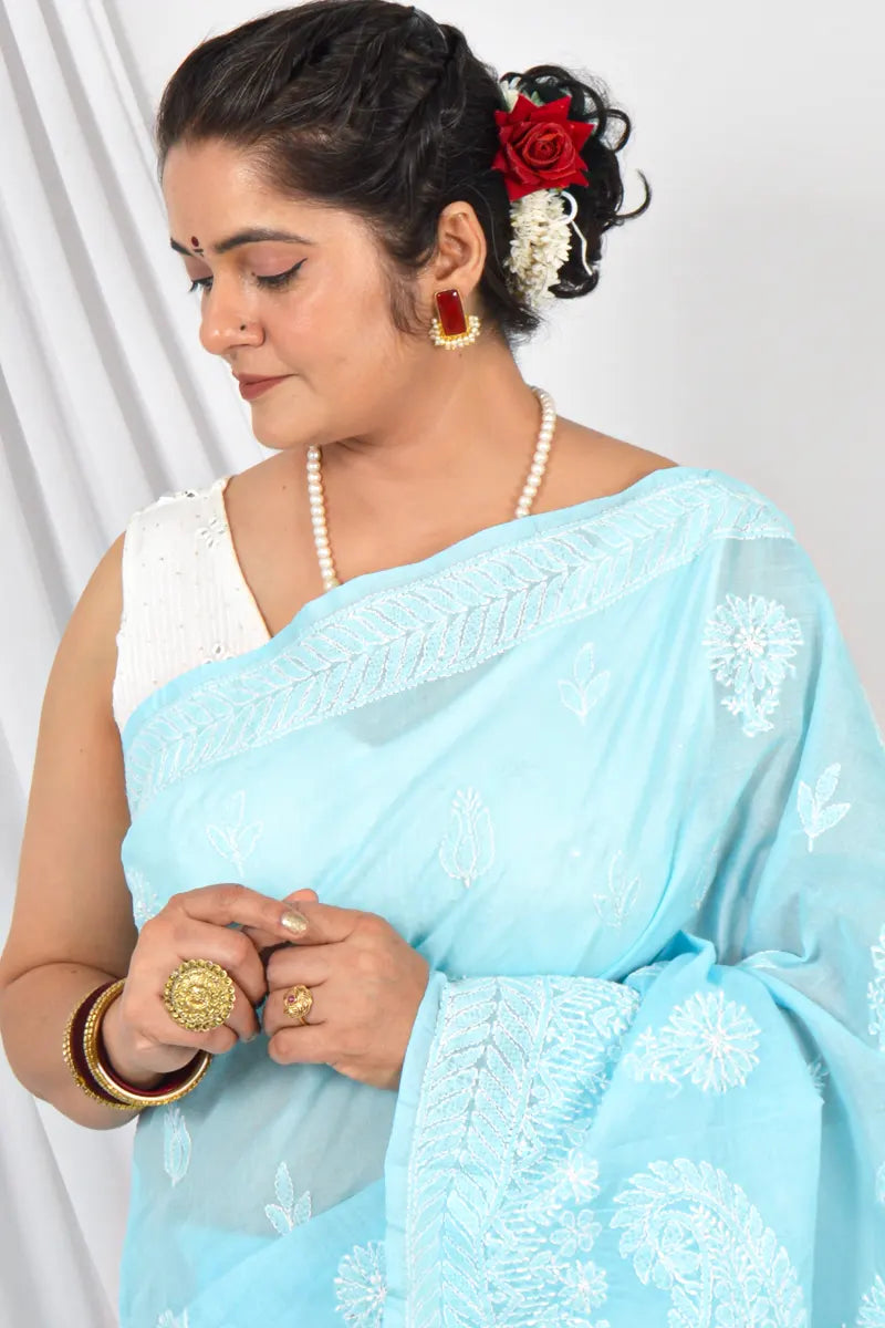 Handcrafted Sky Blue Cotton Saree with intricate Lucknowi Chikankari Embroidery and a matching Blouse, ideal for Festive and occasions.