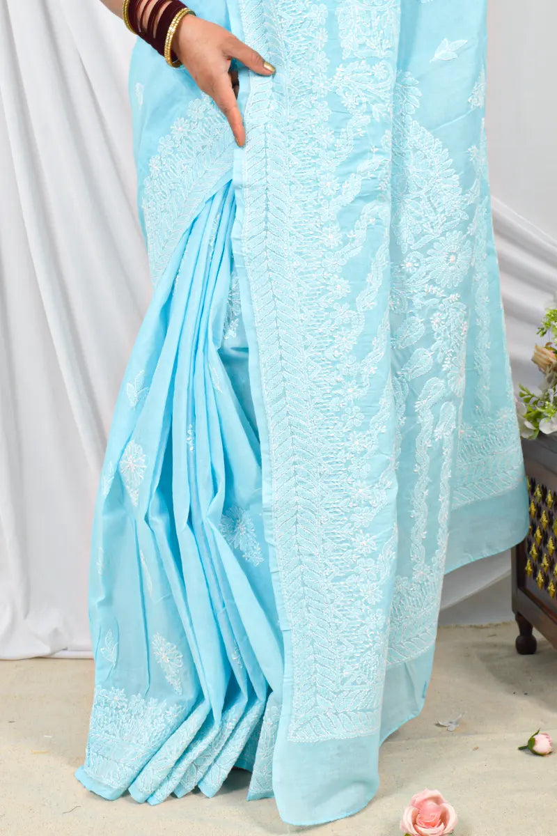Handcrafted Sky Blue Cotton Saree with intricate Lucknowi Chikankari Embroidery and a matching Blouse, ideal for Festive and occasions.
