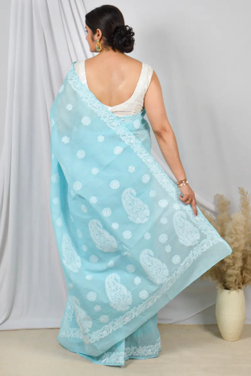 Fabnuma Handcrafted Cotton Lucknowi Chikankari Designer Saree with Blouse