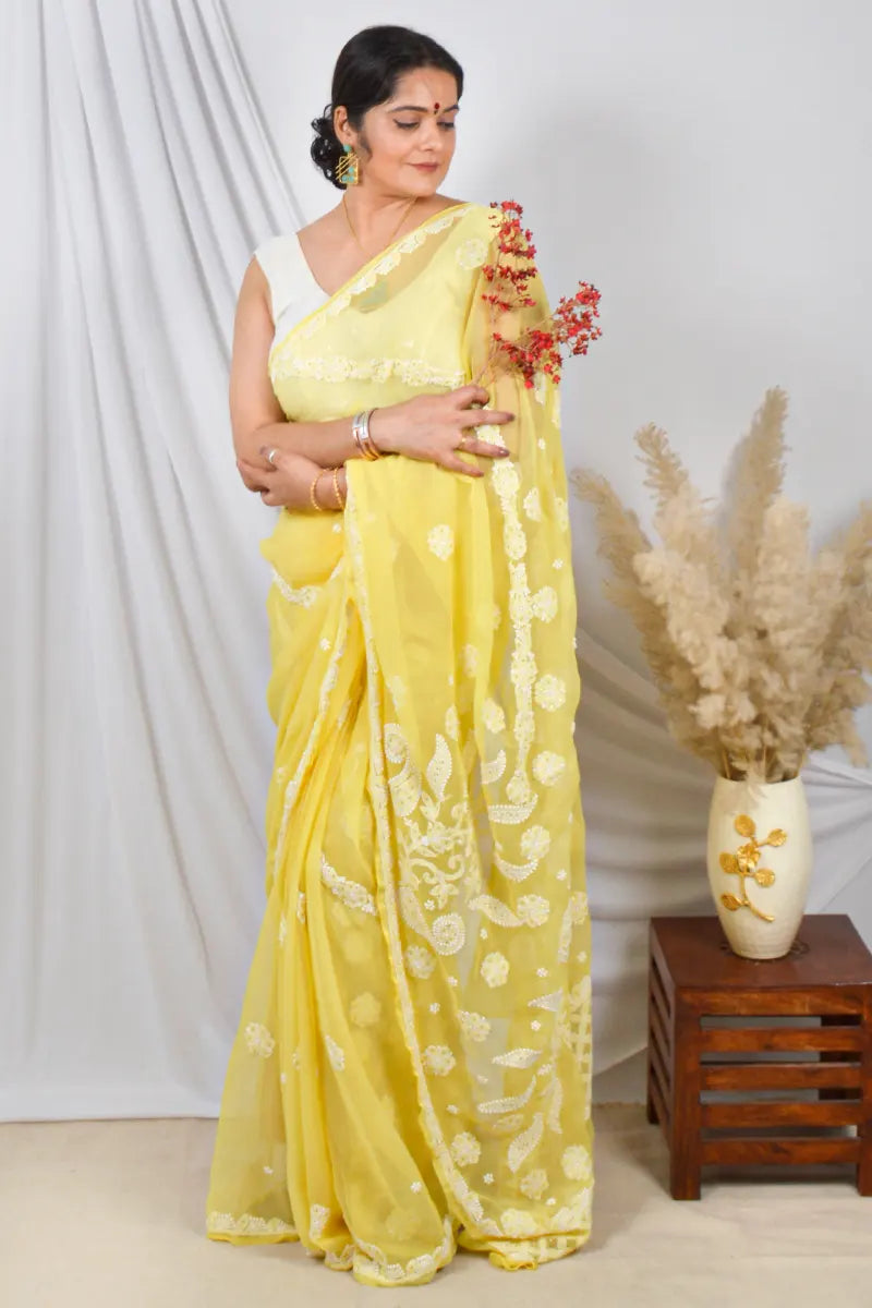 Fabnuma Handcrafted Yellow Georgette Lucknowi Chikankari Saree with Blouse