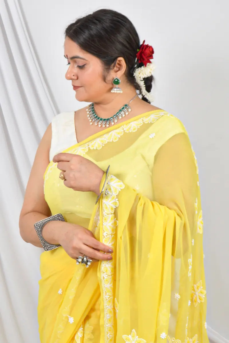 Yellow Color Georgette Designer Lucknowi Chikankari Saree With pearl & Sequin Work Embroidery and Blouse – Perfect for Weddings & Festive Wear.