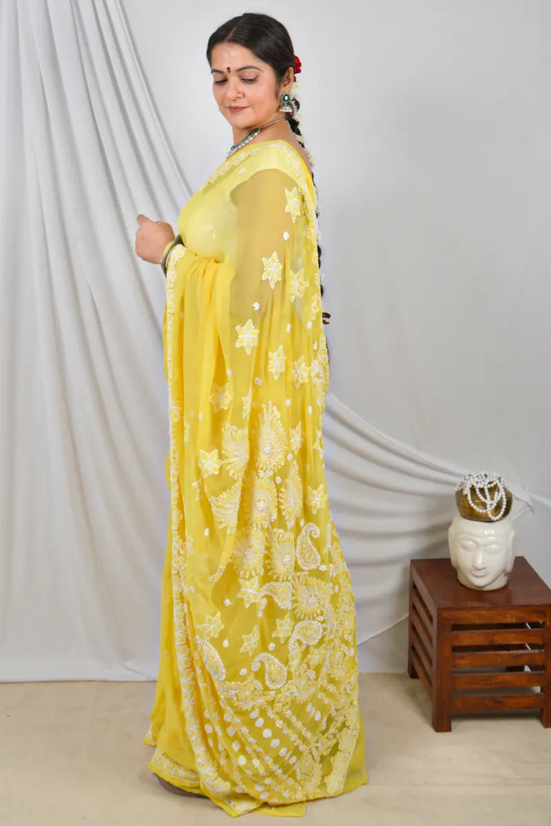 Yellow Color Georgette Designer Lucknowi Chikankari Saree With pearl & Sequin Work Embroidery and Blouse – Perfect for Weddings & Festive Wear.