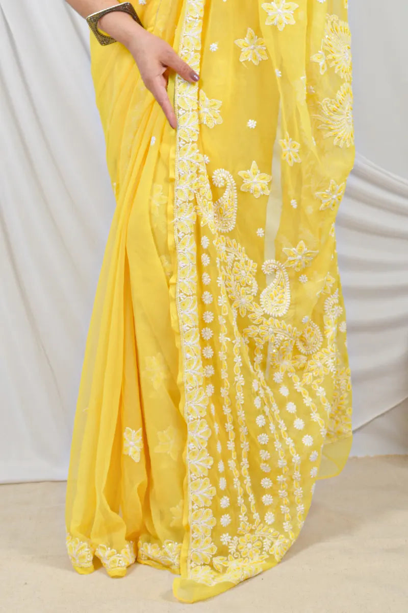 Yellow Color Georgette Designer Lucknowi Chikankari Saree With pearl & Sequin Work Embroidery and Blouse – Perfect for Weddings & Festive Wear.