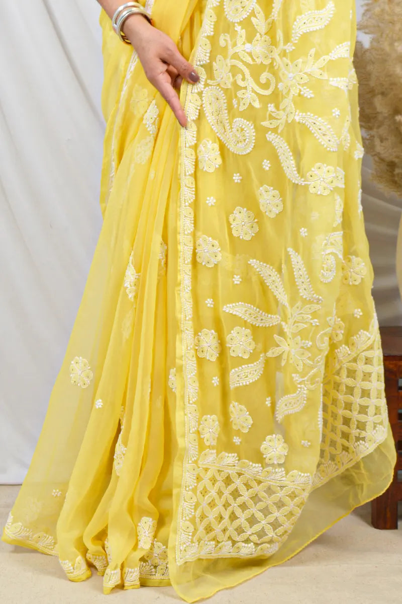 Fabnuma Handcrafted Yellow Georgette Mukaish Work Lucknowi Chikankari Saree with Blouse