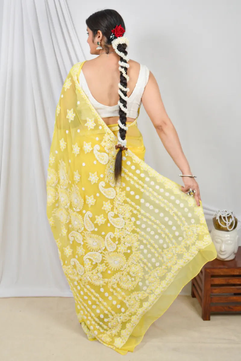 Yellow Color Georgette Designer Lucknowi Chikankari Saree With pearl & Sequin Work Embroidery and Blouse – Perfect for Weddings & Festive Wear.