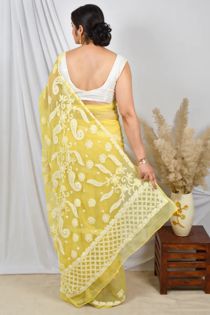 Fabnuma Handcrafted Yellow Georgette Mukaish Work Lucknowi Chikankari Saree with Blouse