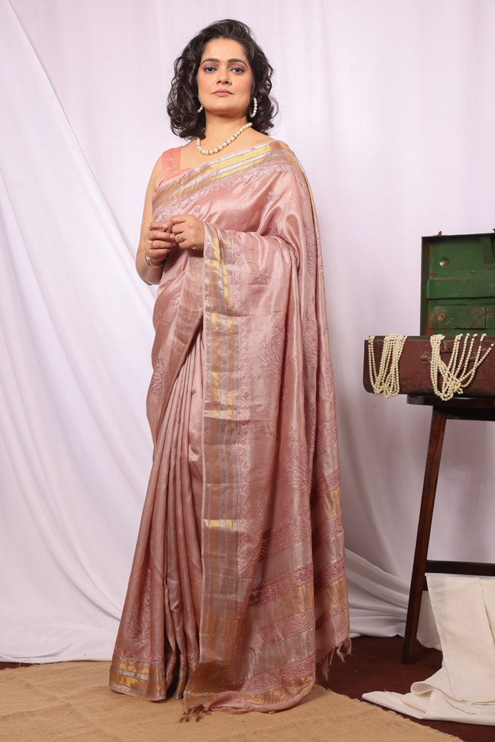 Fabnuma Handcrafted Bronze Tussar Silk Zari Border Chikankari Saree-Blouse