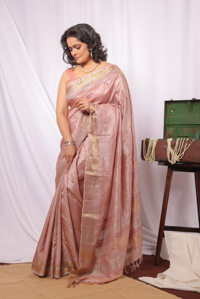 Fabnuma Handcrafted Bronze Tussar Silk Zari Border Chikankari Saree-Blouse