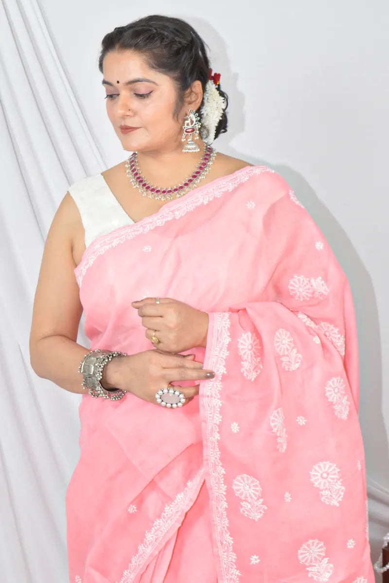 Fabnuma Handcrafted Peach Cotton Border Palla Chikankari Saree with Blouse