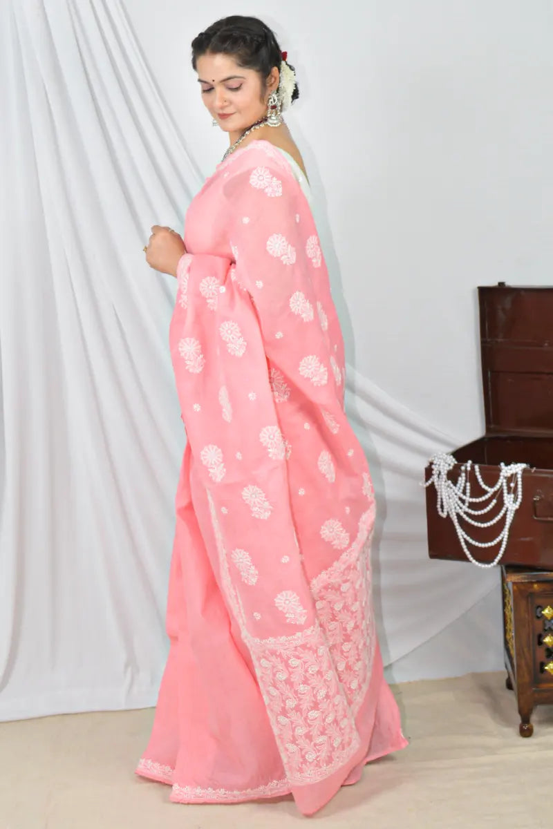 Fabnuma Handcrafted Peach Cotton Border Palla Chikankari Saree with Blouse