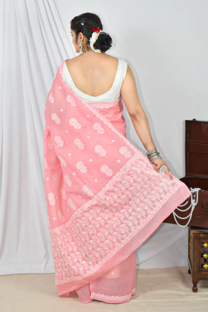 Fabnuma Handcrafted Peach Cotton Border Palla Chikankari Saree with Blouse