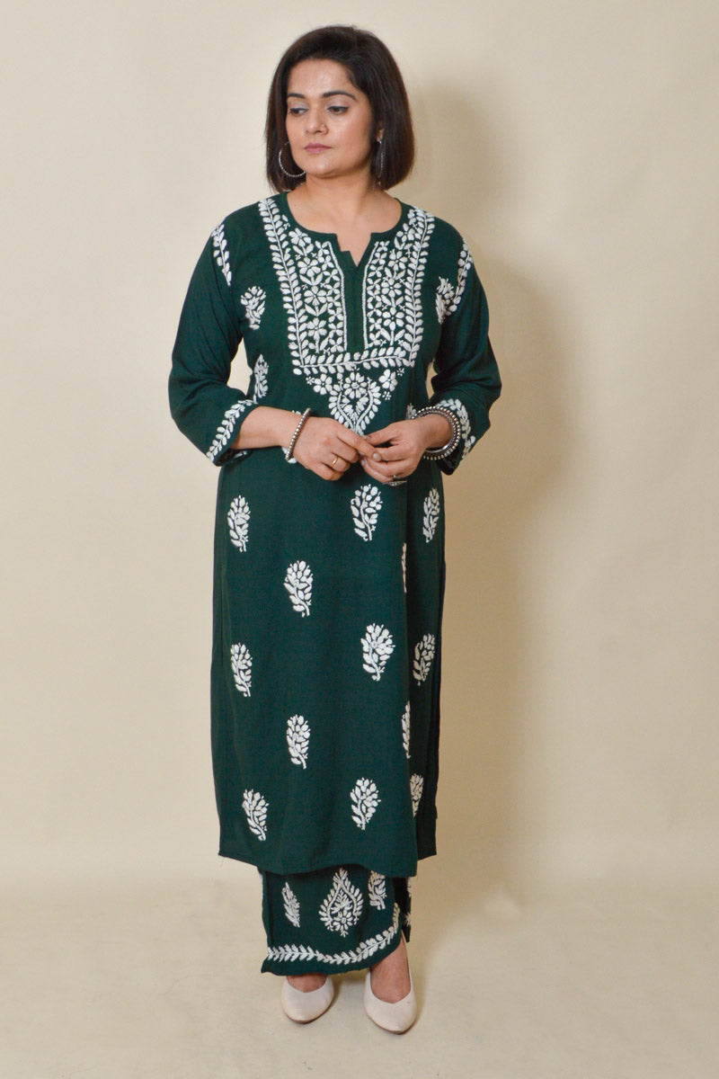 Olive Green color rayon cotton Lucknowi chikankari kurta bottom set