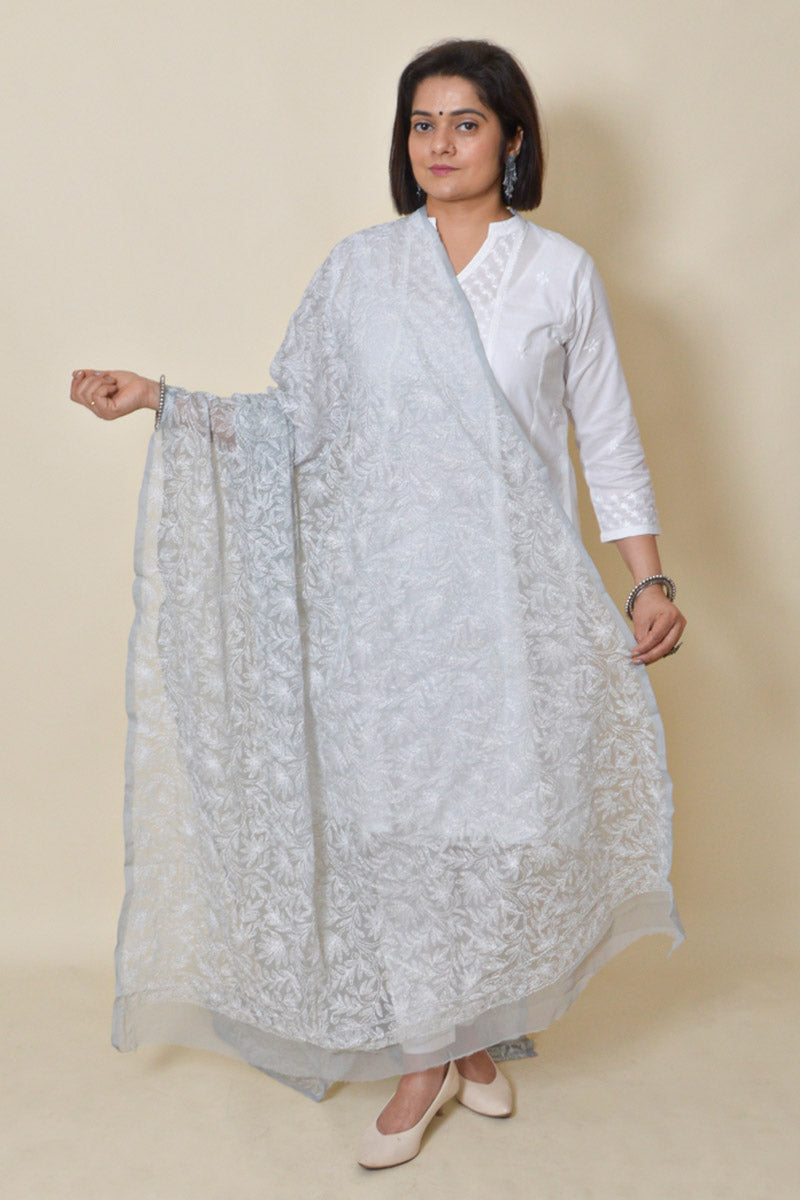 Grey color Georgette Allover Tepchi work Lucknowi Chikankari Dupatta