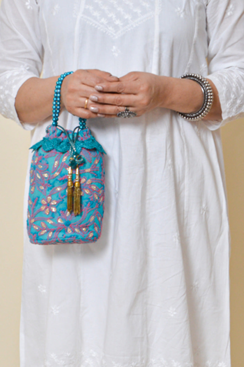 Blue Color Hand Embroidered Chikankari Potli Bag