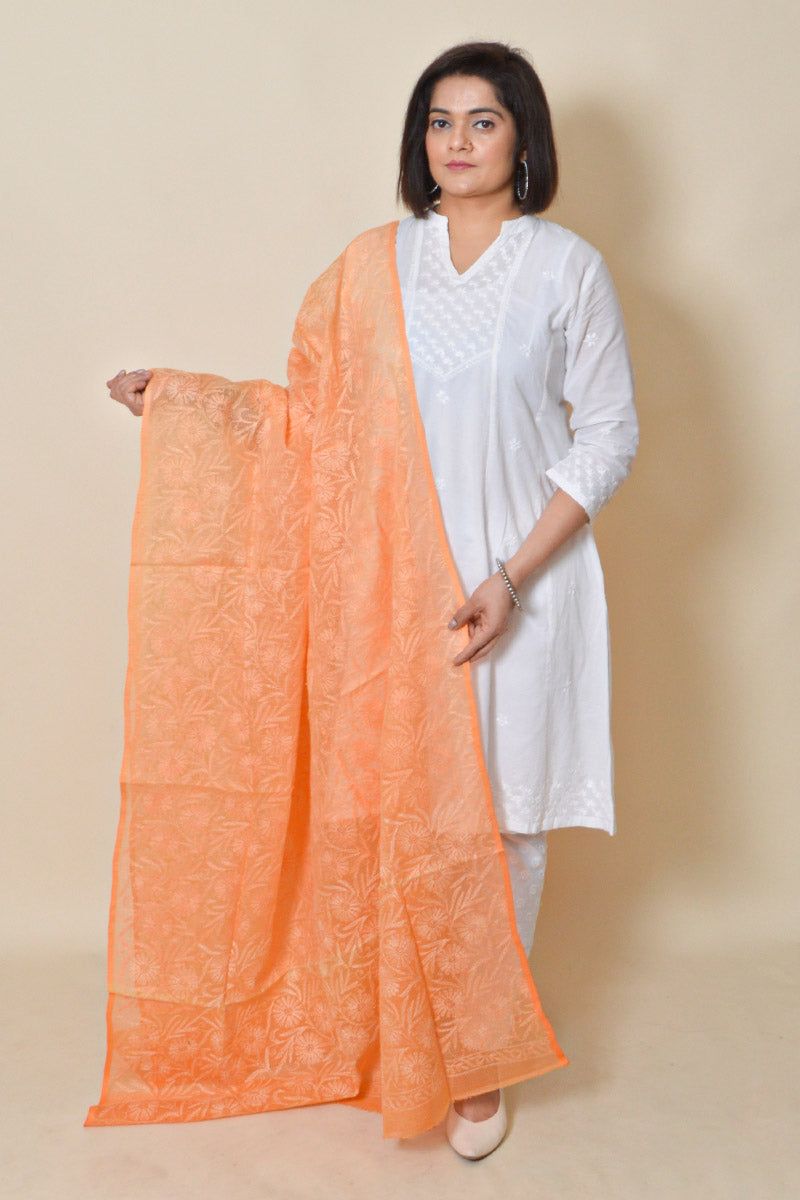 Orange color Kota cotton Allover Tepchi work  Lucknowi Chikankari Dupatta