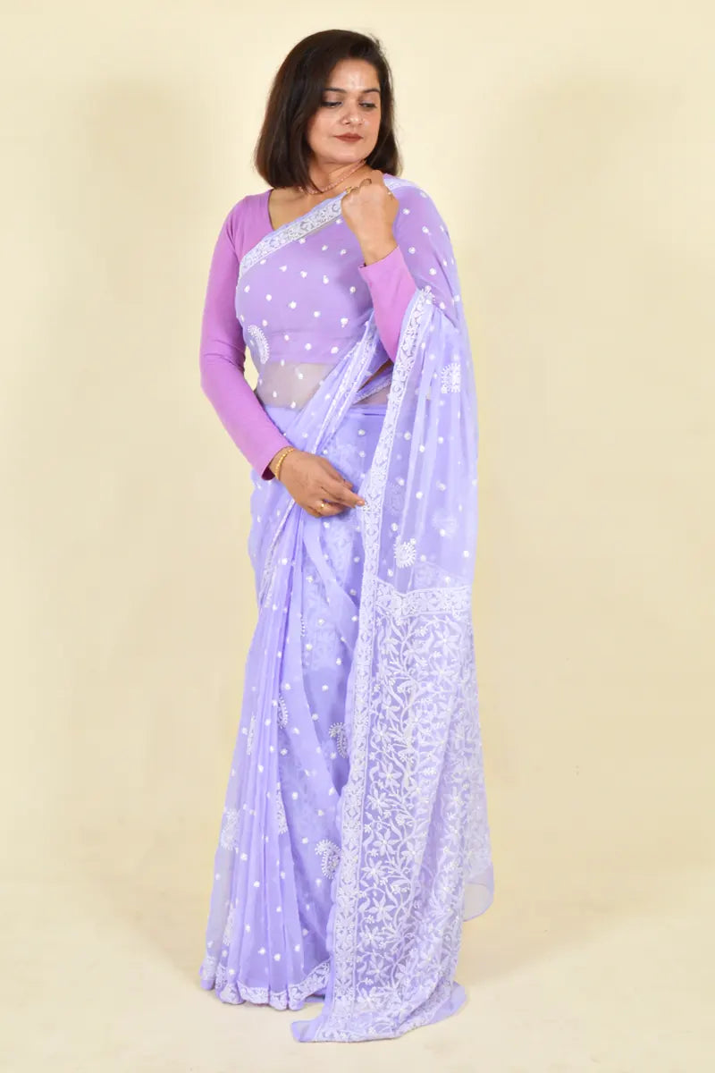 Lavender Colour Georgette Lucknowi Chikankari Saree With Blouse