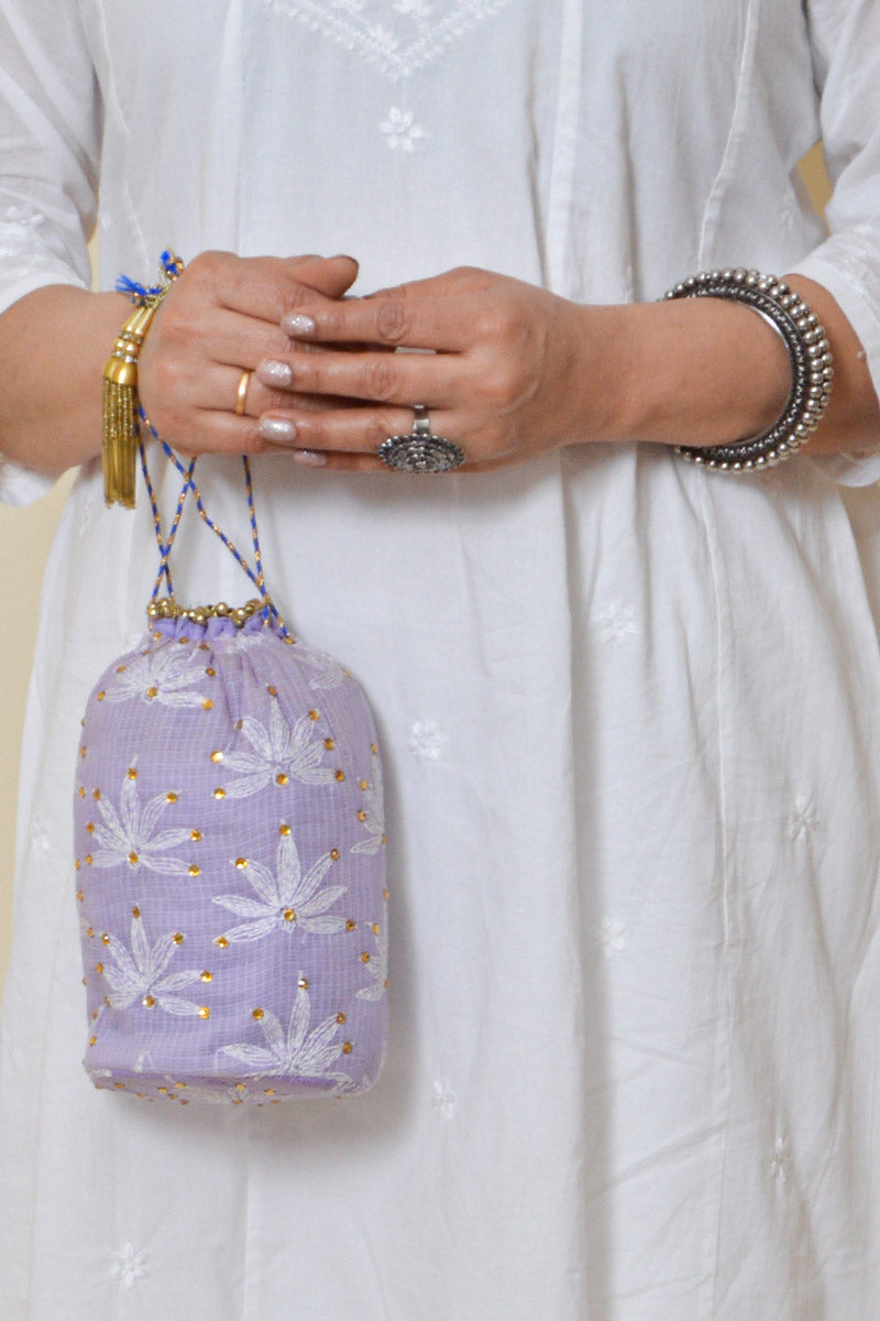 Lavender Color Hand Embroidered Lucknowi Chikankari Potli Bag