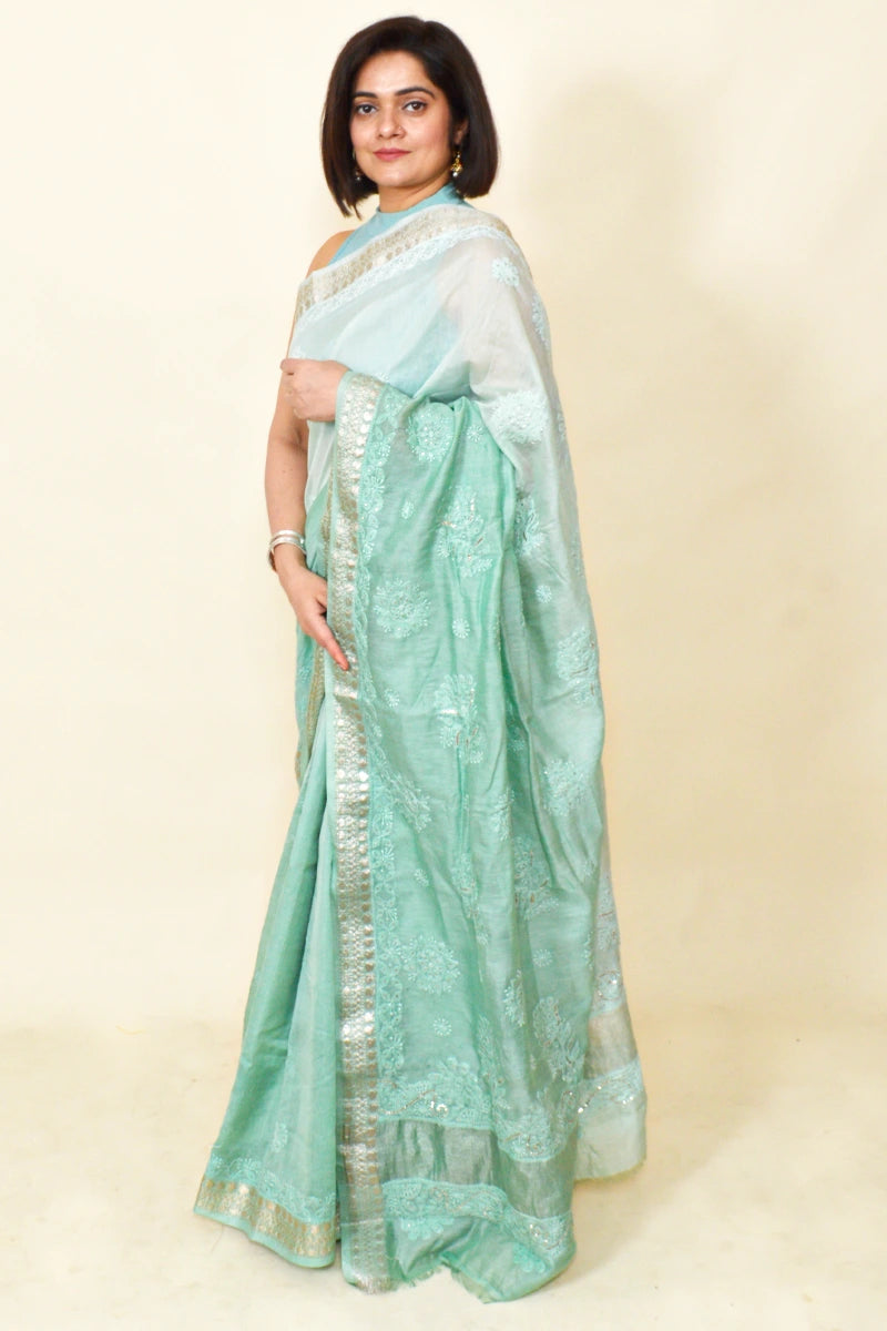 Pista Green Shaded Colour Chanderi Silk Lucknowi Chikankari Saree With Blouse