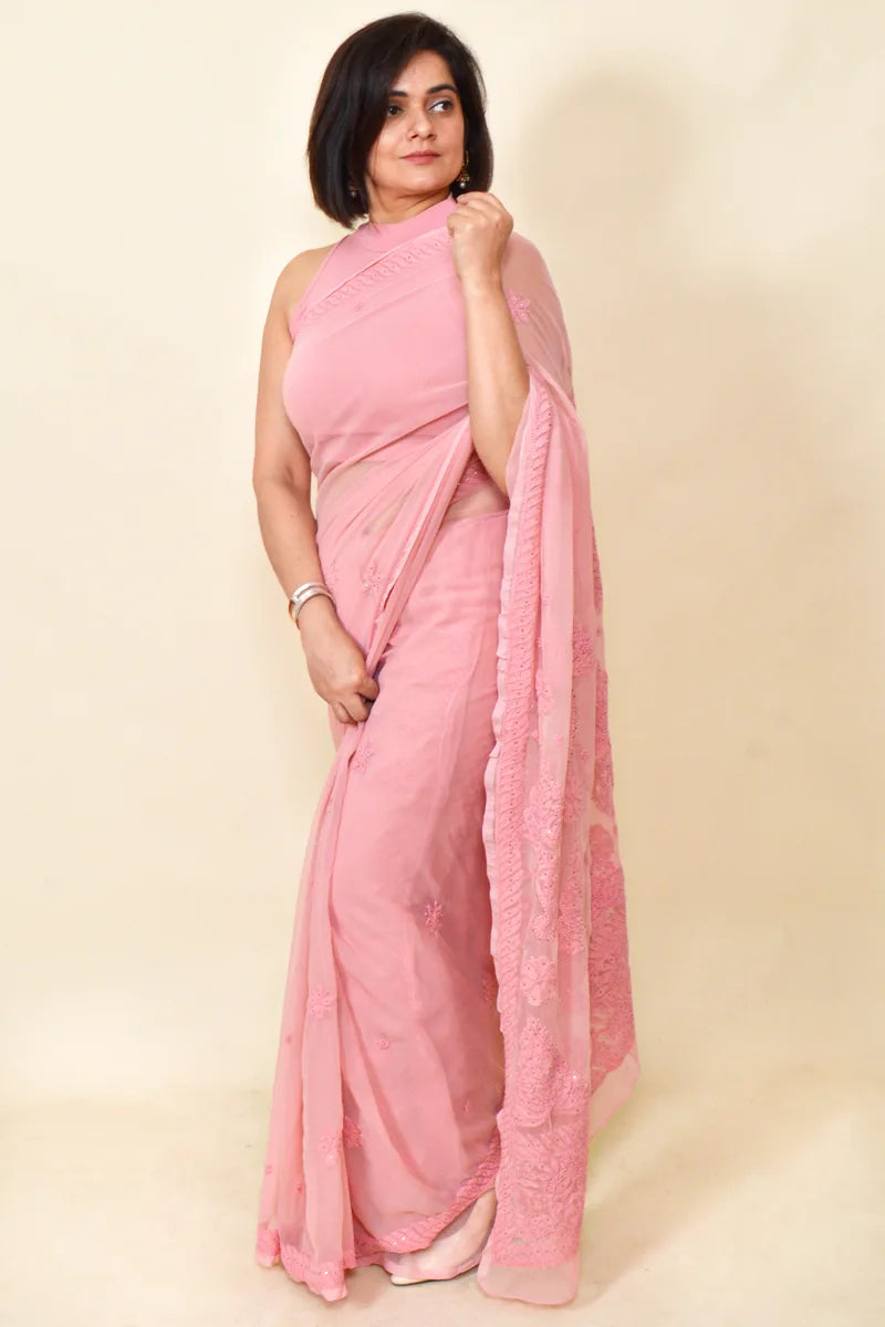 Peach Colour Georgette Lucknowi Chikankari Saree With Blouse