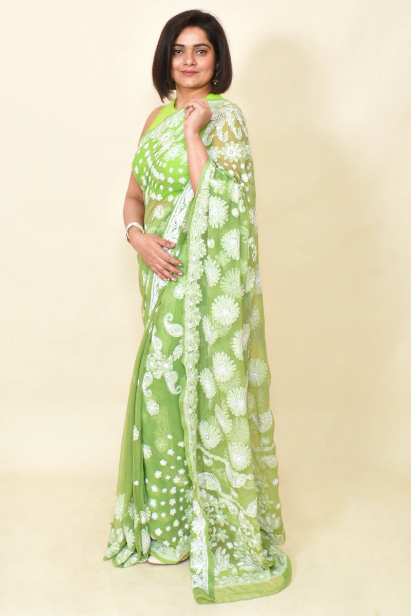 Green Colour Georgette Lucknowi Chikankari Saree With Blouse