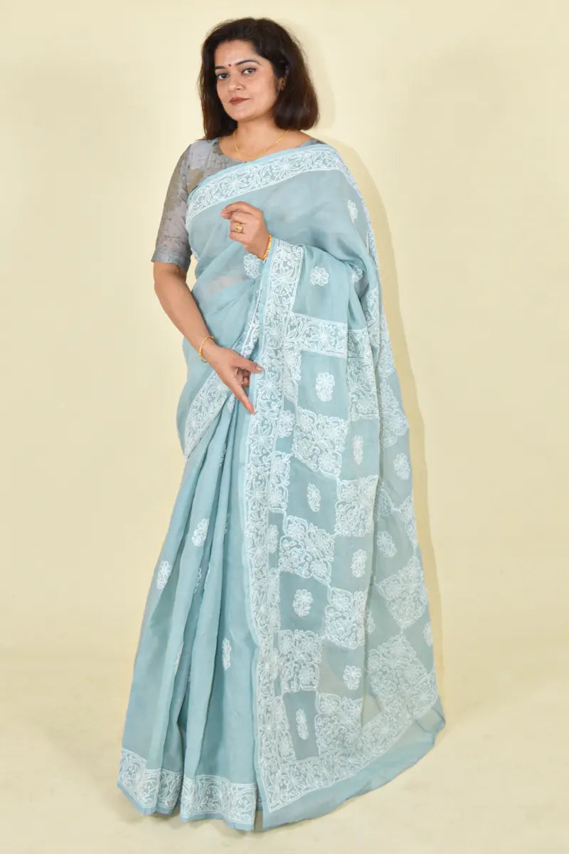 Gray  Colour Cotton Lucknowi Chikankari Saree With Blouse