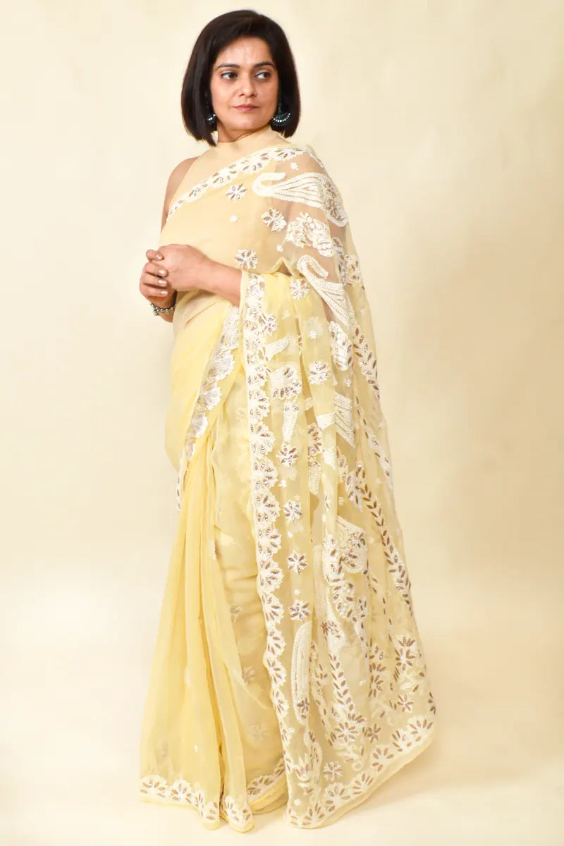 Fawn Colour Georgette Gota Patti Work Lucknowi Chikankari Saree With Blouse