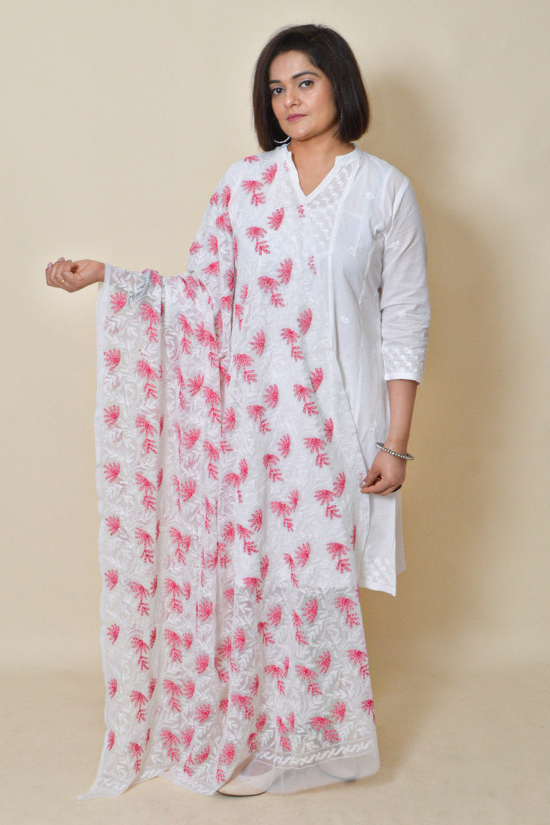 White Color Georgette Allover Tepchi work Lucknowi Chikankari Dupatta