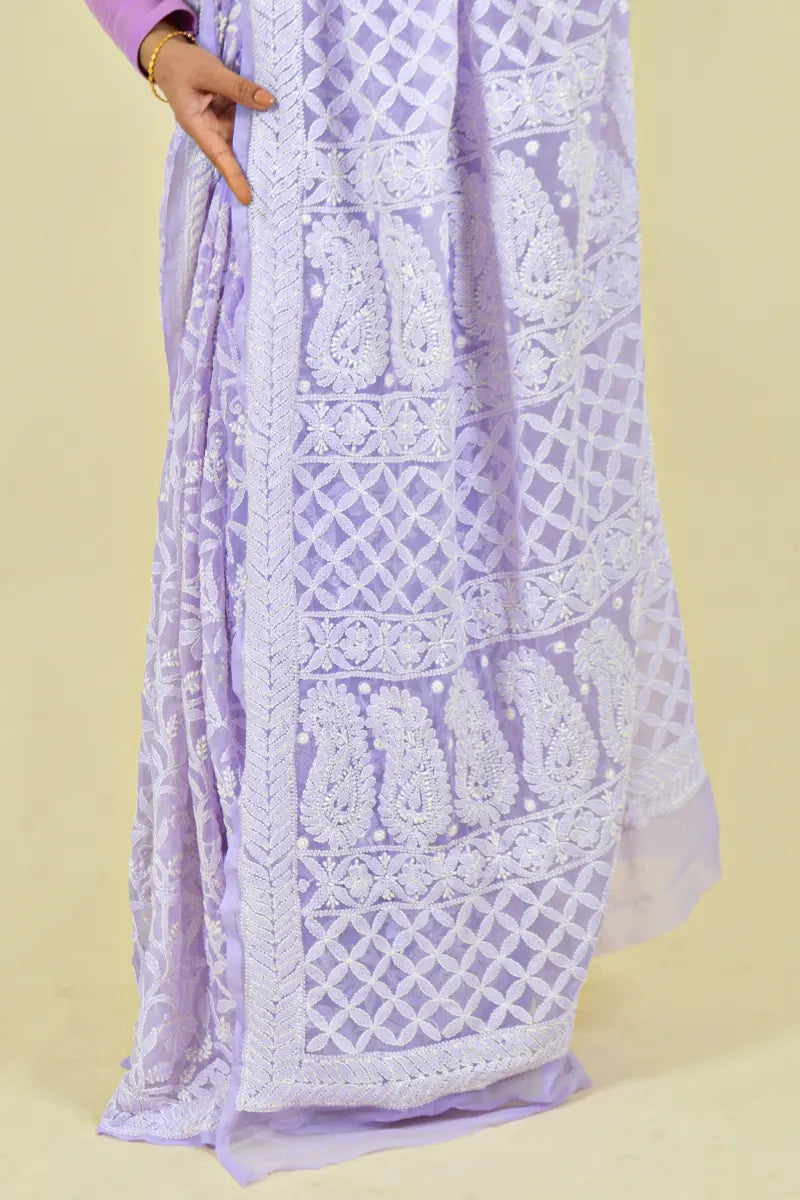 Lavender Colour Georgette Lucknowi Chikankari Saree With Blouse