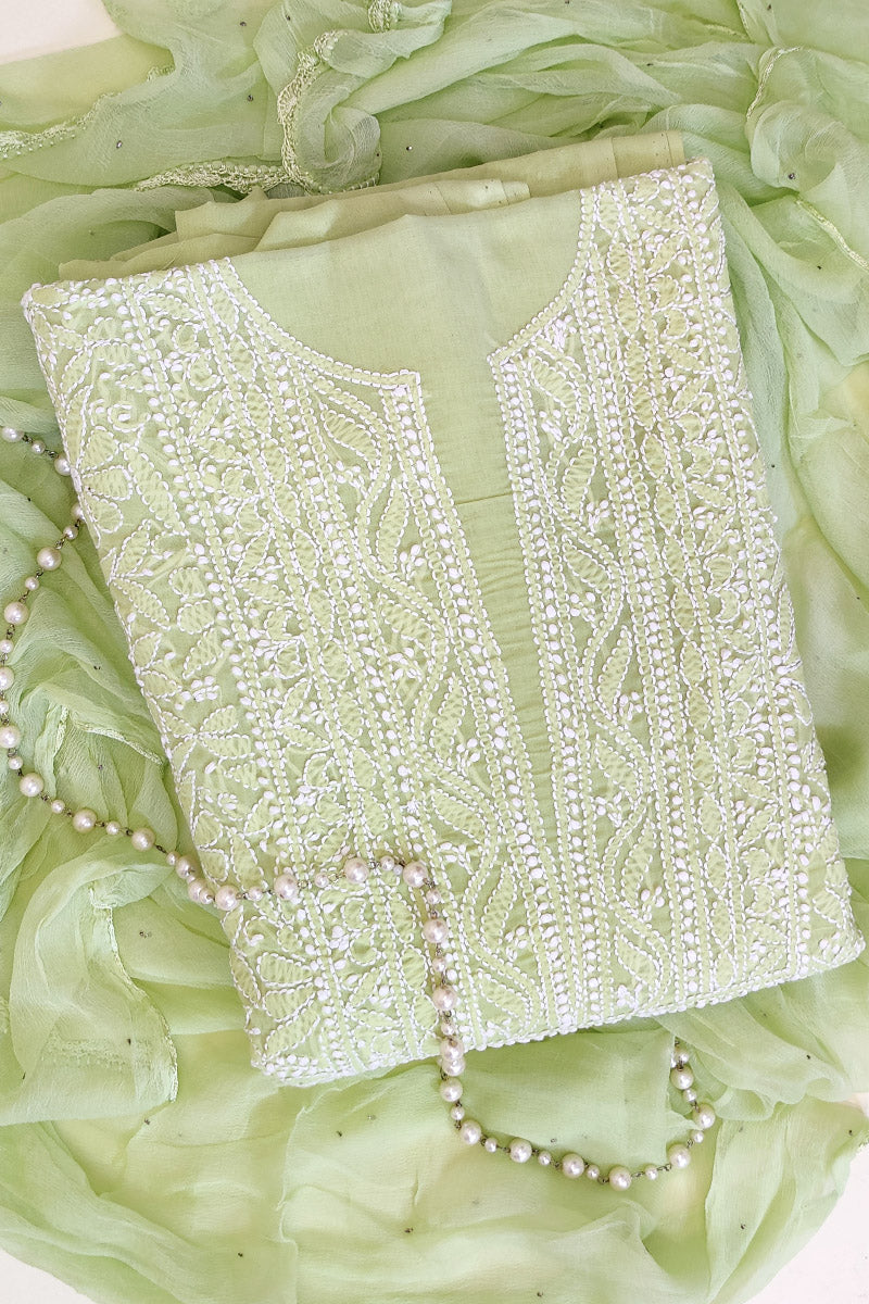 Green Colour Cotton Lucknowi Chikankari 3pcs Unstiched Suit Set