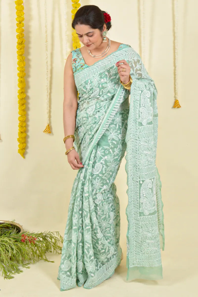 Pista Green Colour Georgette  Lucknowi Chikankari Saree With Blouse