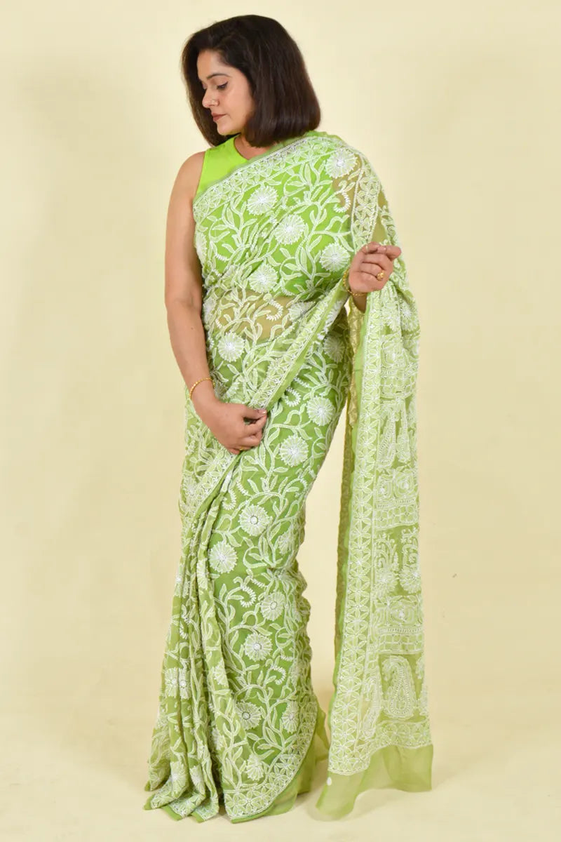 Green Colour Georgette Lucknowi Chikankari Saree With Blouse