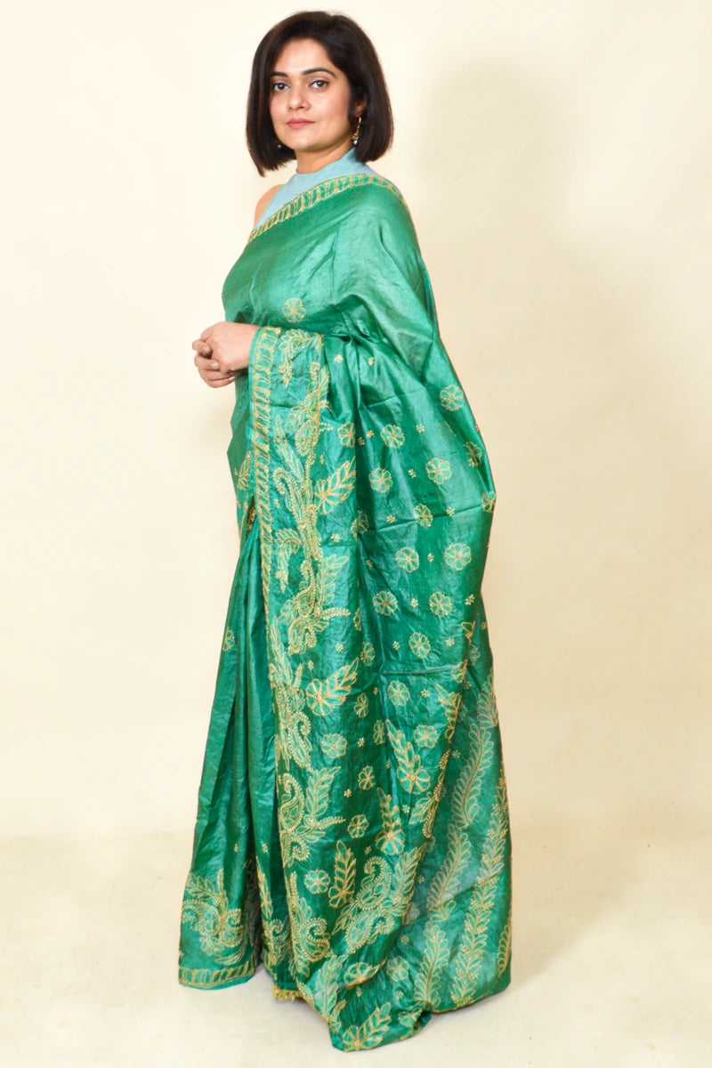 Teal Green Colour Tussar Silk Lucknowi Chikankari Saree With Blouse