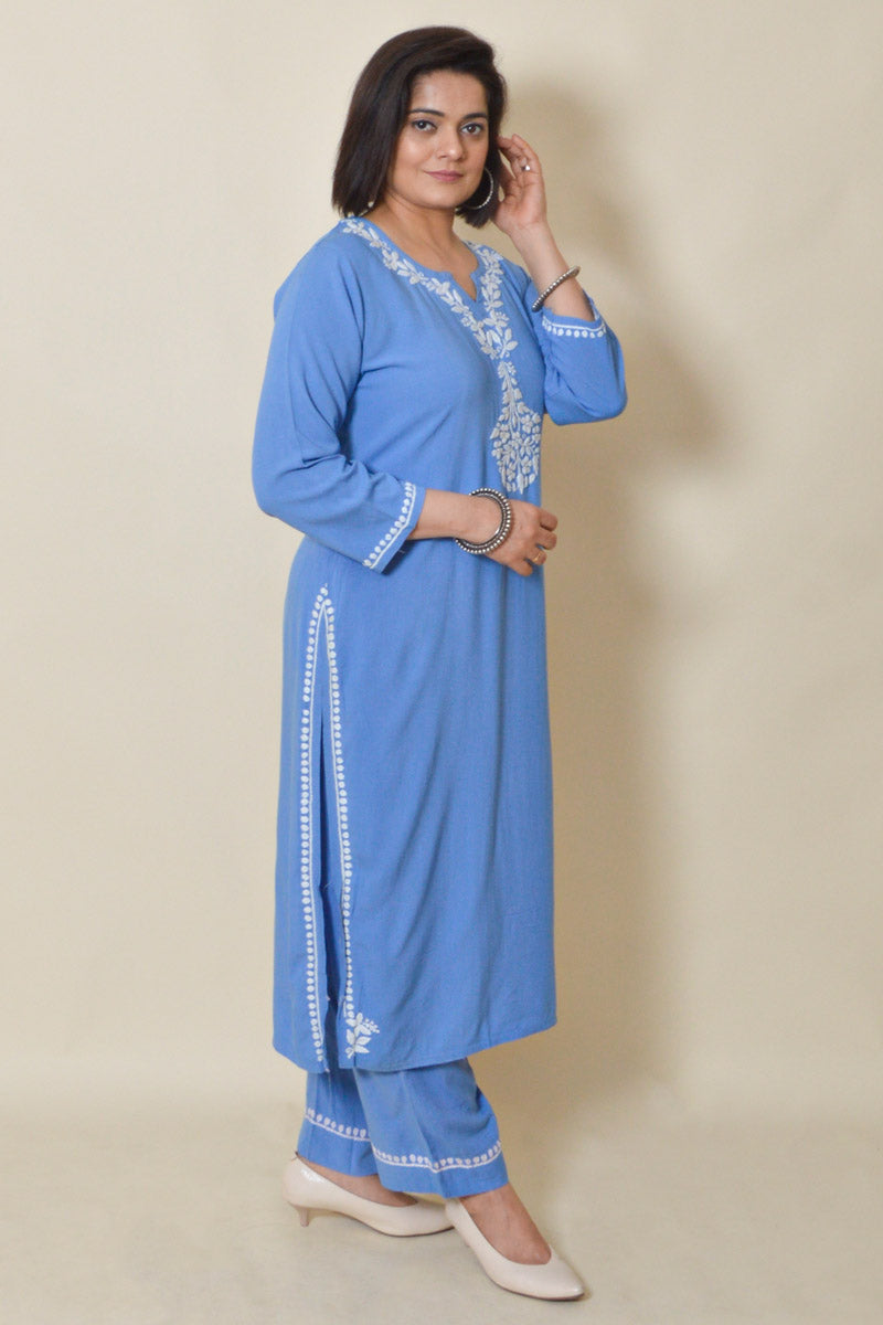 Blue Color Rayon Cotton Lucknowi Chikankari Kurta Bottom Set