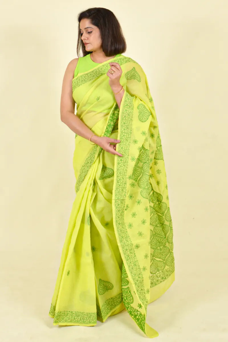 Green Colour Cotton Lucknowi Chikankari Saree With Blouse