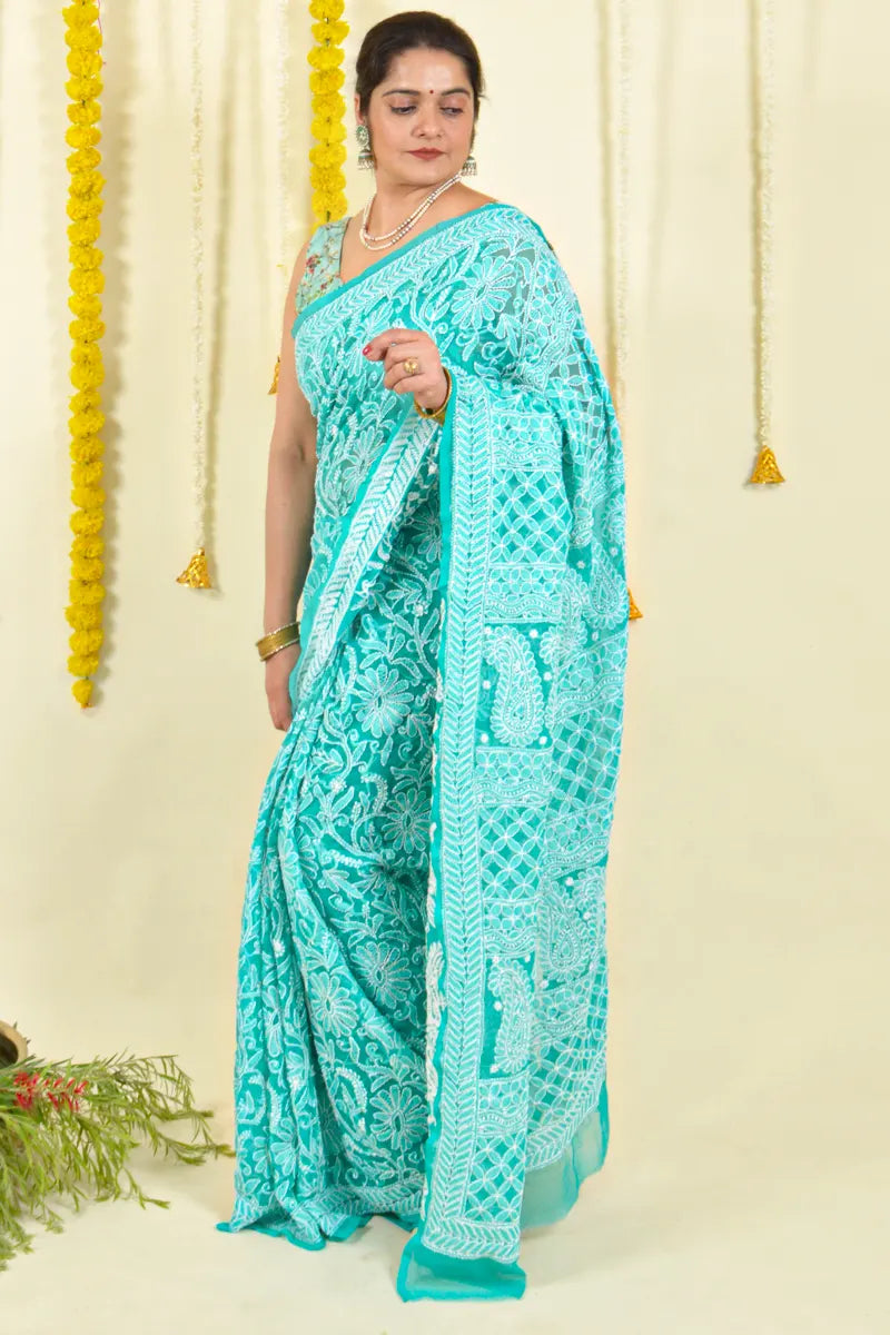 Aqua Blue Colour Georgette  Lucknowi Chikankari Saree With Blouse