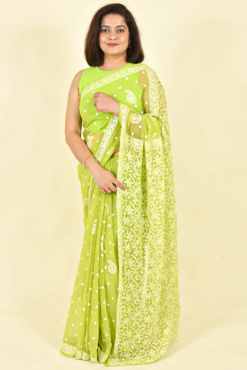 Green Colour Georgette Lucknowi Chikankari  Saree With Blouse